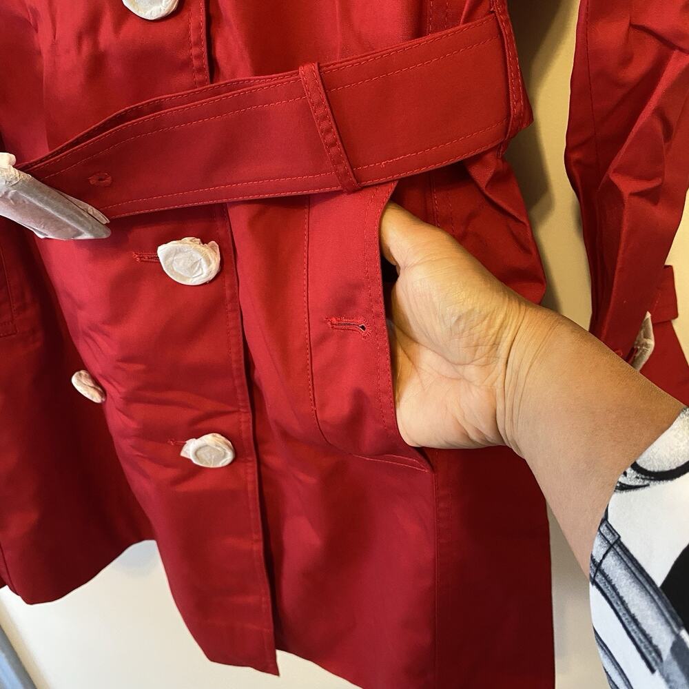 New Women L double-breasted Trendy trench coat Jacket Red Belted Pockets Buttons - Picture 9 of 13